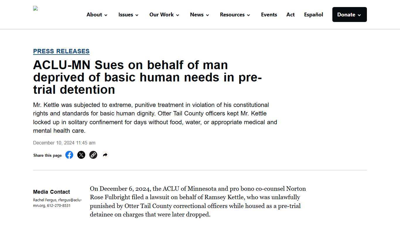 ACLU-MN Sues on behalf of man deprived of basic human needs in pre-trial detention - ACLU of Minnesota