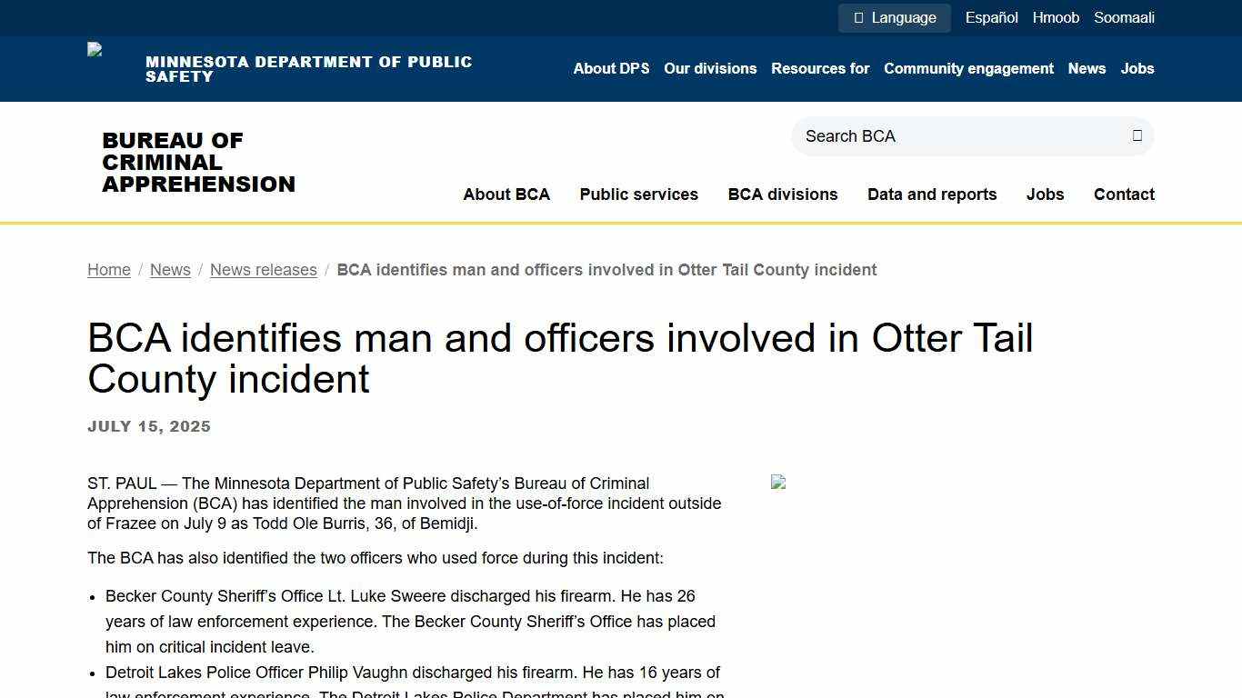 BCA identifies man and officers involved in Otter Tail County incident | Minnesota Department of Public Safety